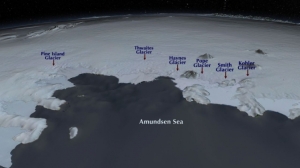Glaciers de la mer d'Amundsen, région de l'Antarctique de l'Ouest (source : NASA/GSFC/SVS)