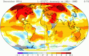 Exemple de la surface couverte par Gistemp : anomalies de températures pour le mois de décembre 2014 (Source : NASA)