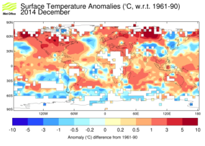 Exemple de la surface couverte par HaCRUT4 : anomalies de températures pour décembre 2014 (Source : Met Office)