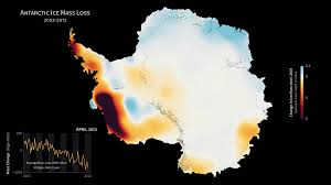 Changements de masse de l'Antarctique entre 2003 et 2013 d'après la mission GRACE (source : NASA)