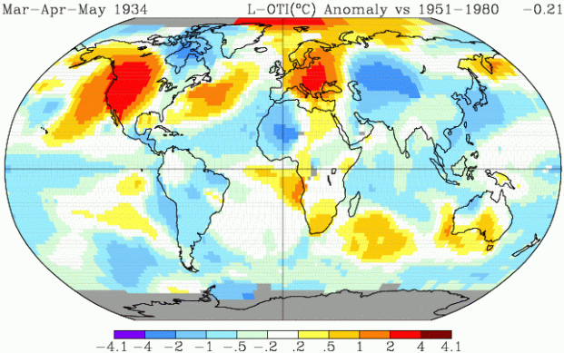 Anomalies de températures au printemps 1934 (Source : NASA GISS)