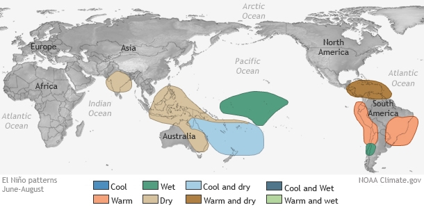 Impacts d'El Niño entre juin et août (Source : NOAA)