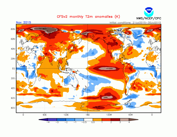 Anomalies de températures prévues pour le mois de novembre 2015 (source : NCEP CFSv2)