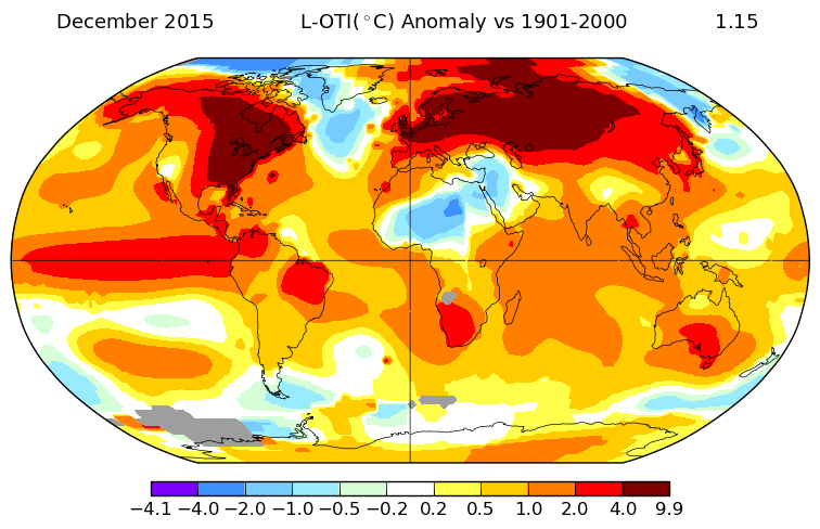 Anomalies de température par rapport à la moyenne du 20è siècle. Source : NASA.