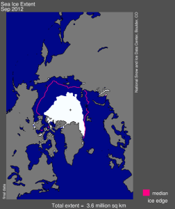 Etendue de la glace de mer arctique en septembre 2012. Source : NSIDC.