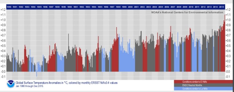 Evolution de la température mensuelle moyenne à la surface du globe depuis 1980. Les mois marqués par El Niño sont en rouge, les mois neutres en gris, les mois La Niña en bleu. Source : NOAA.