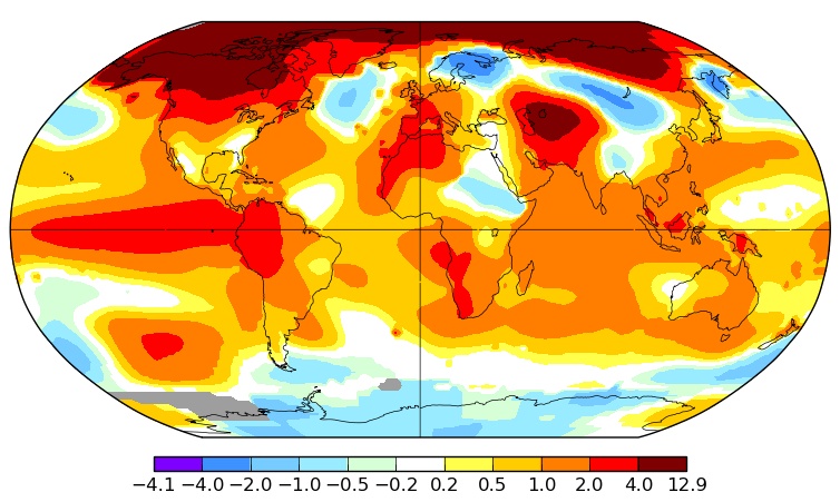 Carte d'anomalies de température pour le mois de janvier 2016. Source : NASA GISS.