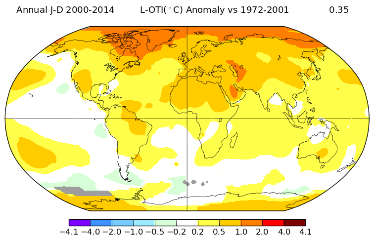 Ecart de température entre la période 2000-2014 et 1972-2001. Source : NASA GISS.