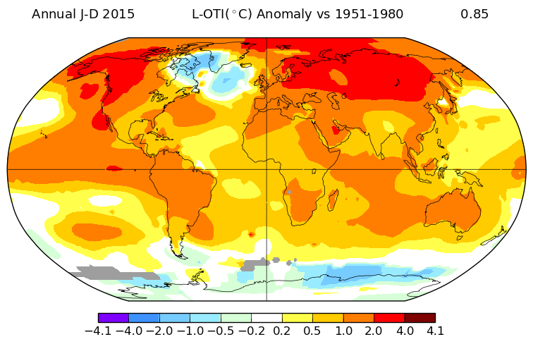 Anomalies de température en 2015 par rapport à la période 1951-1980. Source : NASA GISS.