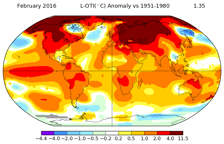 Anomalies de températures en février 2016 par rapport à la moyenne 1951-1980. Source : NASA GISS.