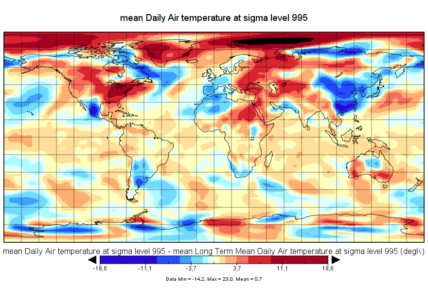 Anomalies de température pour la journée du 10 février 2016. Source : NCEP-NCAR/ESRL.