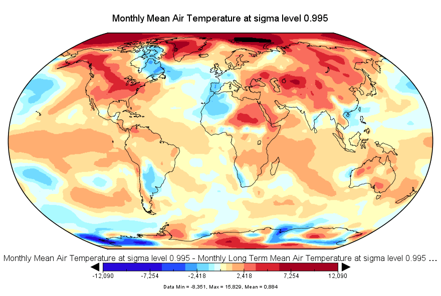 Anomalies de température pour le mois de mars 2016. Source : NCEP-NCAR.