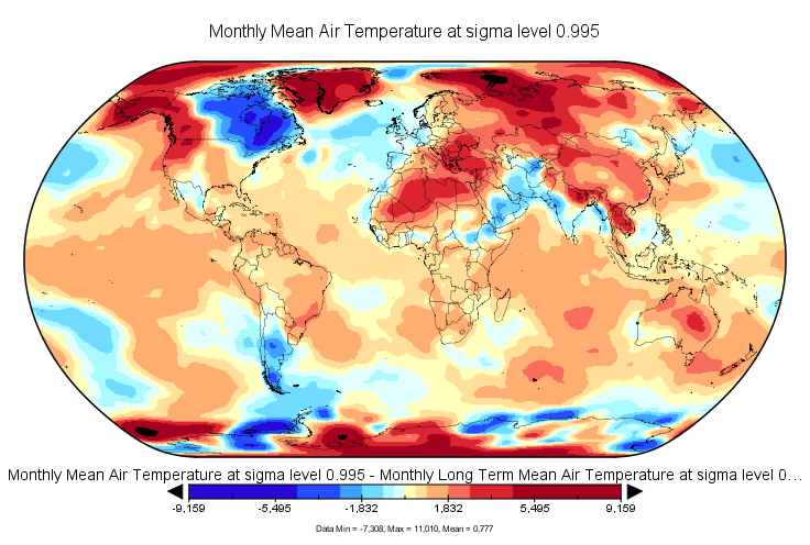 Anomalies de températures en avril 2016. Source : NCEP-NCAR.