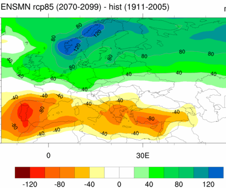 Prévisions de précipitations annuelles moyenne pour l'Europe en 2070-2099 par rapport à 1911-2005 d'après le scénario RCP 8.5. Source : ESRL.