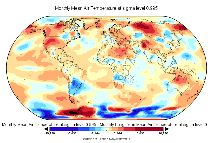 Anomalies de températures au mois de juin 2016.