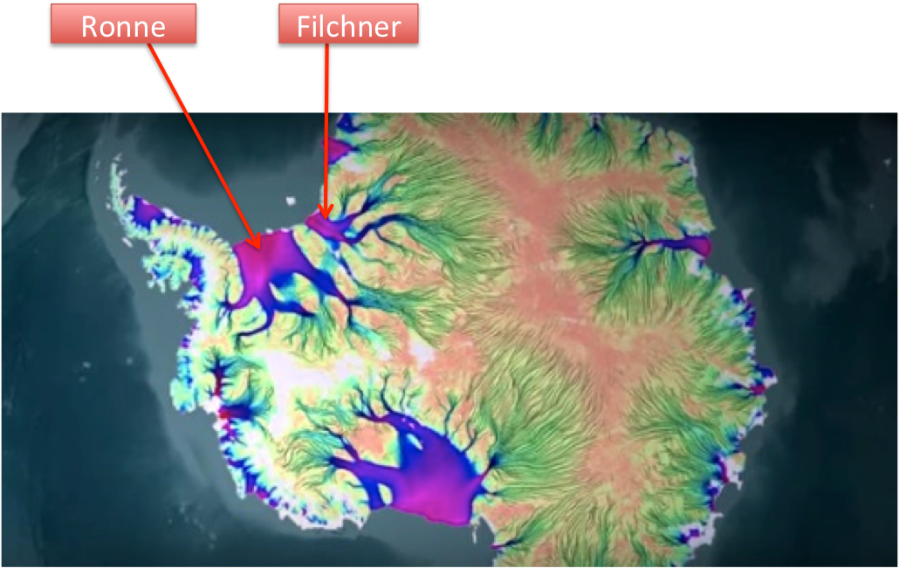 Ecoulement de la glace en Antarctique. Source : NASA.