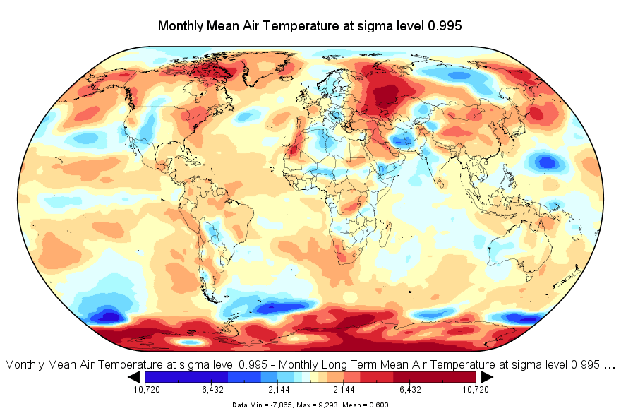 Anomalies de température en août 2016 (source NCEP-NCAR)