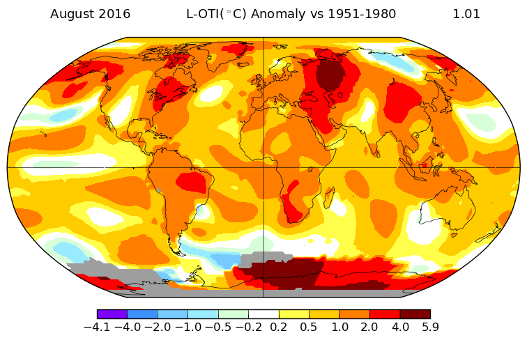 Carte d'anomalies de températures. Source : NASA.