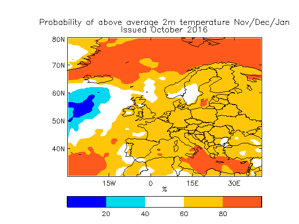 Probabilité de températures au-dessus de la moyenne sur novembre-décembre-janvier (prévision datant d'octobre 2016). Source : Met Office