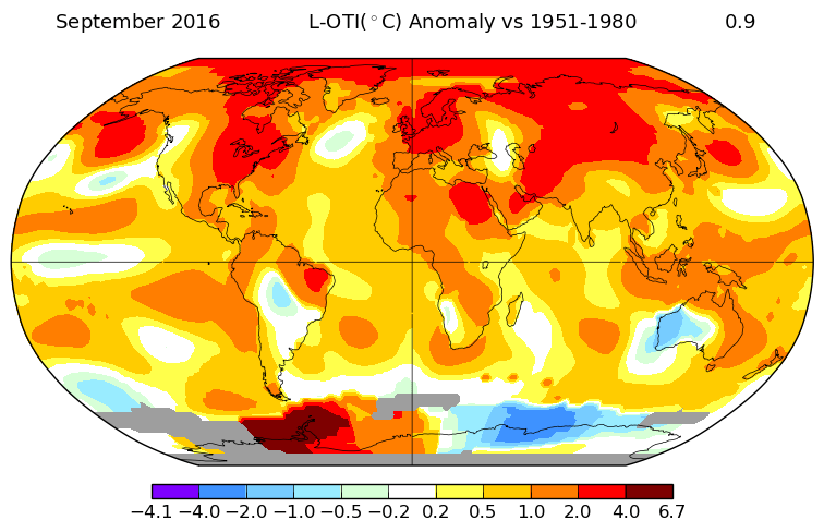 Anomalies de température pour le mois de septembre 2016. Source : NASA GISS.