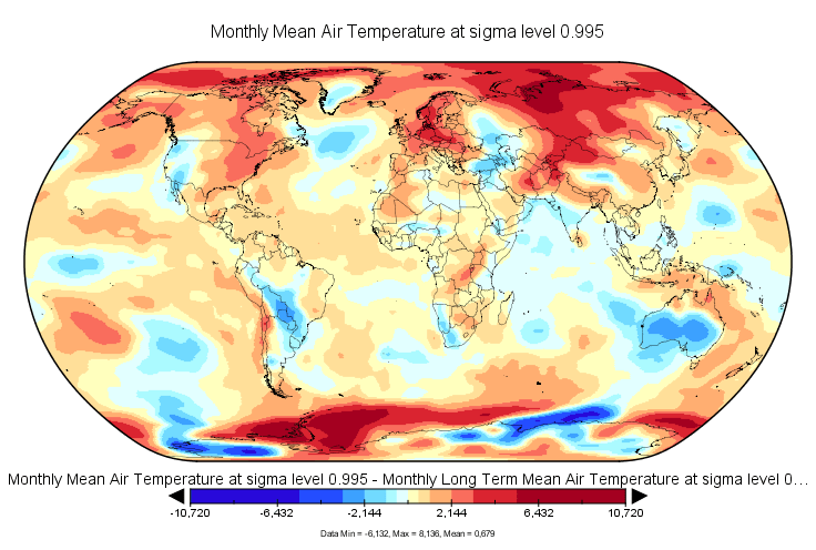 Anomalies de température en septembre 2016 (source : NCEP-NCAR).
