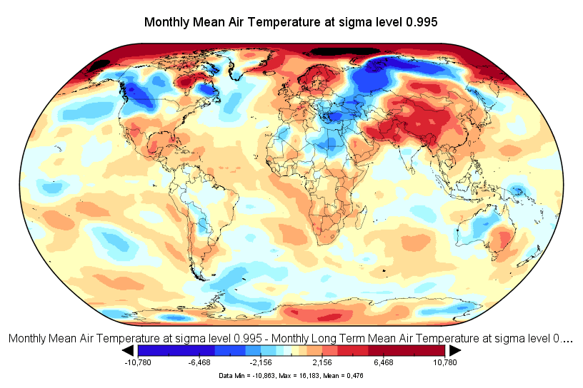 Anomalies de température en décembre 2016 (source : NCEP-NCAR). 