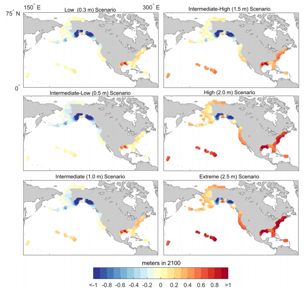 Evolution du niveau de la mer en 2100 par rapport aux différents scénarios. Source : NOAA.